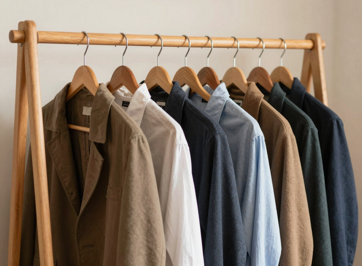 A neatly organized wooden clothing rack with a few curated jackets and shirts hanging on wooden hangers, warm lighting