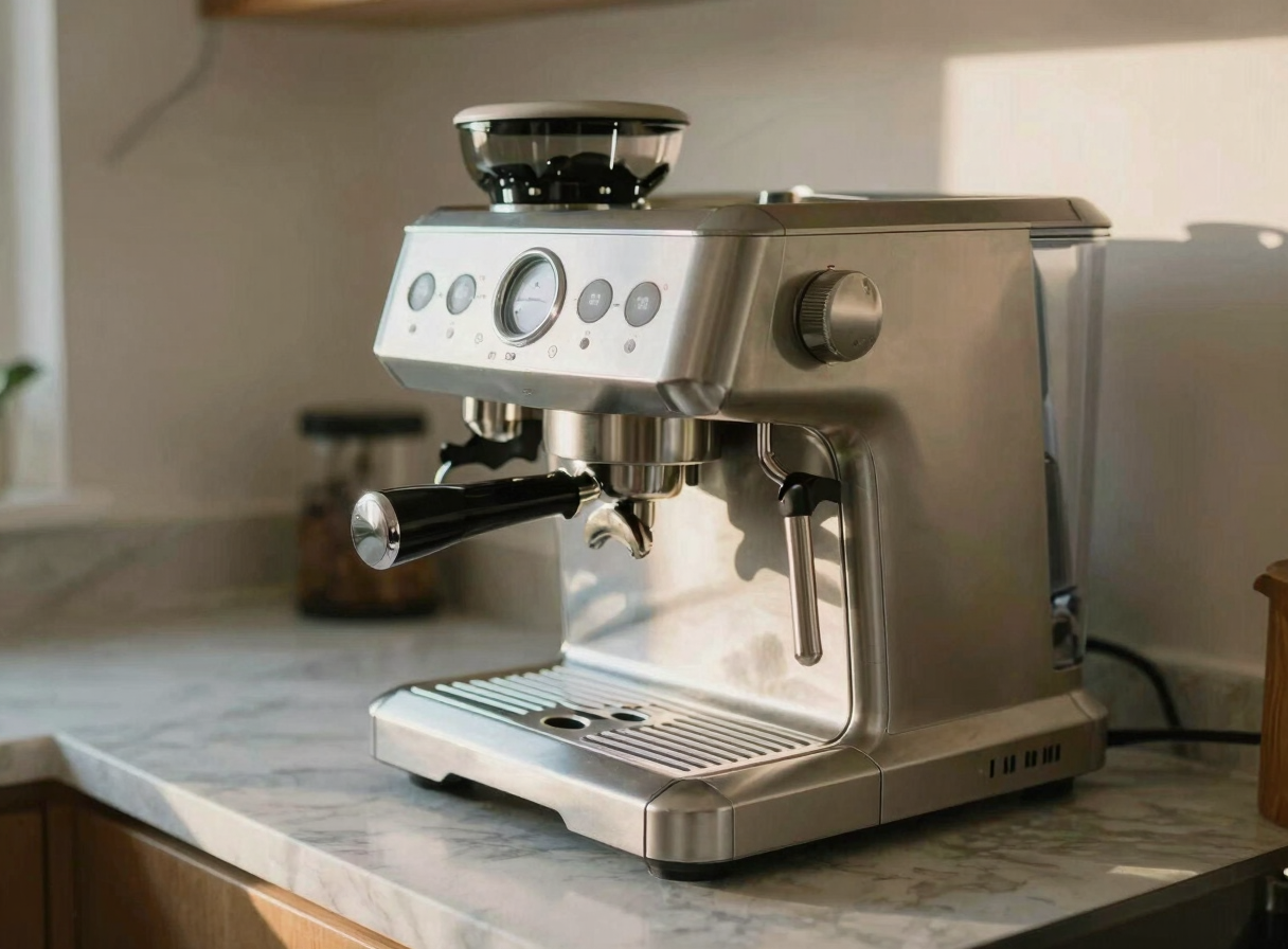 A clean modern espresso machine on a marble kitchen countertop, soft morning light illuminating the stainless steel details